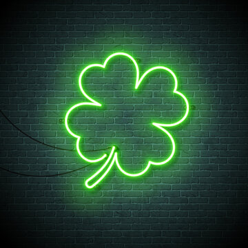 Saint Patrick's Day Illustration with Glowing Clover Leaves Shape Neon Lights on Brick Wall Background. Irish Traditional St. Patricks Day Lucky Celebration Vector Design for Flyer, Greeting Card, Web
