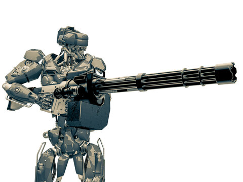 mechanical soldier holding a machine gun