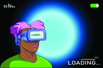 Virtual Reality Loading Screen Concept with Boy using VR Gadget to enter metaverse world global network in cartoon style vector illustration. best for tech campaign content, game creator, landing page