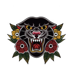  image of a panther's grin in a flowers in the of a neotraditional tattoo.