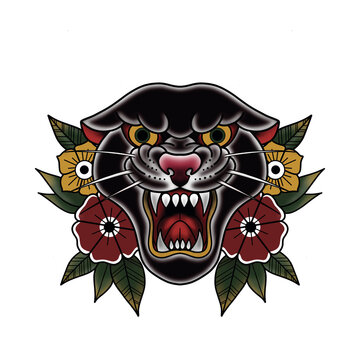  image of a panther's grin in a flowers in the of a neotraditional tattoo.