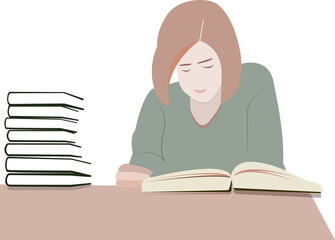 Girl with brown hair reading a book and many books on the table