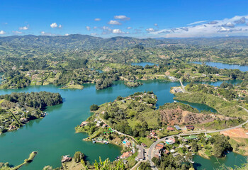 Beautiful landscape in front of lagoons from the stone of Peñol, Colombia