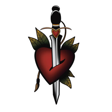 image of a wounded heart in the of a neotraditional tattoo. dagger