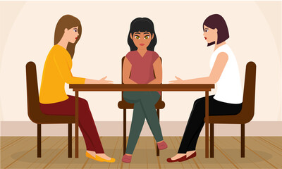 Group of businesswoman around a desk Teamwork concept Vector illustration