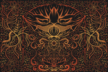 Indonesian traditional style batik pattern, damask pattern for textiles, gradient color line art pattern.