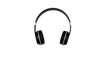 Black wireless headphones isolated on white background. Top view.
