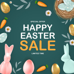 Happy Easter sale poster template with 3d realistic Easter eggs, bunny, carrot, daisy flower. Template for advertising, poster, flyer, greeting card. Illustration