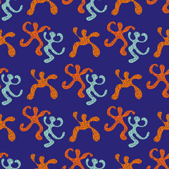 Funky dancing people vector pattern background. Fun backdrop of abstract dance figures with musical notes texture. Tropical neon orange indigo blue repeat. all over print for summer, music festival