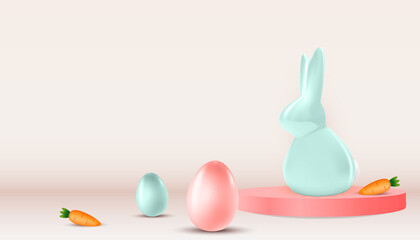 Easter poster template with 3d realistic Easter eggs, bunny and Carrot. Template for advertising, poster, flyer, greeting card. Illustration