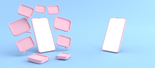 3D rendering. Pink Smartphone white screen Surrounded by a Many pink chat symbols. Smartphone white screen can be used for commercial advertising, on the blue background, illustration.