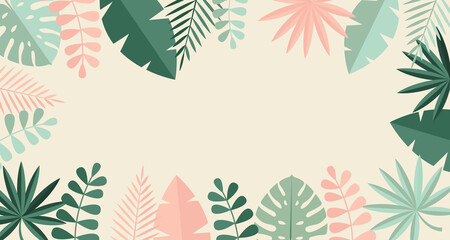 Simple Tropical Palm and Motstera Leaves Natural Flat Background. Illustration