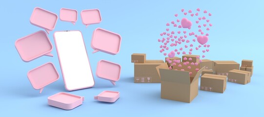 3D rendering of Smartphone white screen surrounded by cardboard box with Many hearts are floating. Concept of Heart and love on a mobile phone and concept valentine day isolated on blue background.