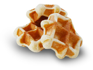 Three pieces yummy decorated waffles  are on a white background