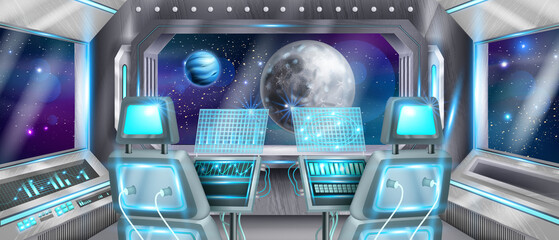 Space ship rocket cockpit interior, astronaut pilot chair vector background, computer control panel. Moon planet window view futuristic cabin, spacecraft shuttle room, console monitor. Space cockpit