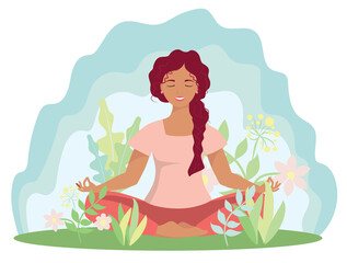 A woman meditates in nature and leaves and the sunset. illustration for yoga, meditation, relaxation, relaxation, healthy lifestyle. Vector illustration in the style of a flat cartoon