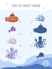 Childrens game. Find the correct shadow. Logical quest for teaching and entertaining kids. Help the submarine, the octopus, the fish, and the coral find their shadows. Cute vector illustration. 