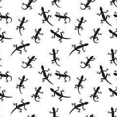 Black silhouette creeping of lizard on white background. Seamless pattern. Illustration