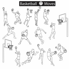 A set of basketball game moves can be used as icon, line drawing, coloring book and silhouette