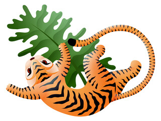 Tiger on green leaf. Oriental decorative animal symbol
