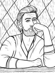 linear drawing of a portrait of a young man sitting at a table