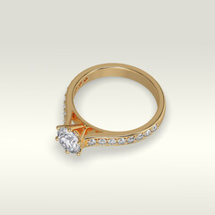 solitaire engagement ring laying down position in yellow gold 3D render