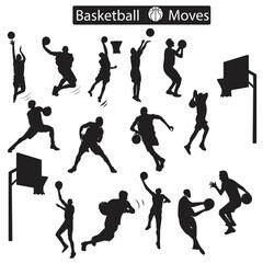 A set of basketball game moves can be used as icon, line drawing, coloring book and silhouette