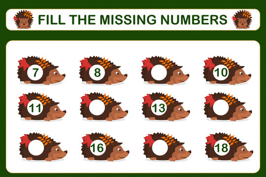 a children's math game called "fill the missing numbers". Vector illustration. Worksheet for children