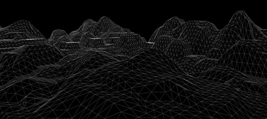 3d wireframe topography landscape black background with clipping path, abstract technology big data