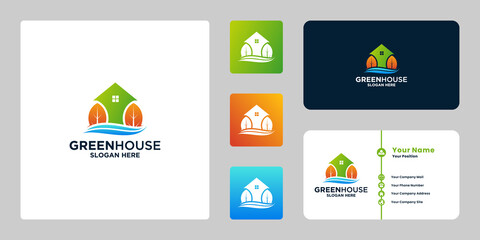 green house, modern eco house logo design with gradient color and business card design.