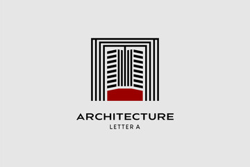 Architectural logo design with building in letter A line art concept. Premium vector logo illustration