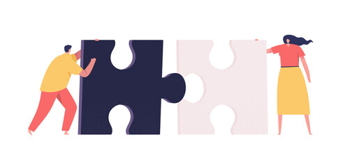 People collect puzzles. Teamwork. Cartoon illustration of people holding objects in their hands.