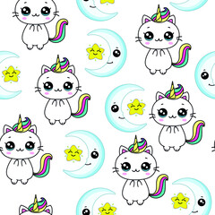 Fototapeta premium pattern with cute cat with horn and colorful tail. seamless pattern cat unicorn with multicolored hair. vector illustration, eps 10.