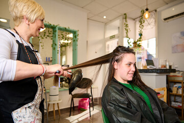 Hairdresser dries and styles the hair with a hair dryer in the beauty salon