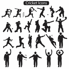 A set of cricket actions, batting, bowling, catching and umpires. can be used as icons, line drawing, coloring books and silhouette.