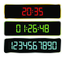 Digits numbers set and digital clock. Led light digits and clock editable display. Electronic digital numbers set. 