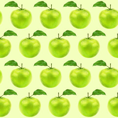 Illustration realism seamless pattern fruit apple green color on a light green background. High quality illustration