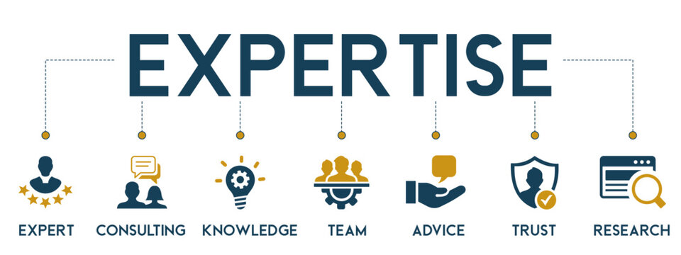 Expertise banner web icon vector illustration concept representing high-level knowledge and experience with an icon of expert, consulting, knowledge, team, advice, trust, and research 