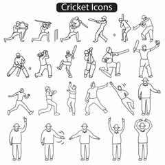 A set of cricket actions, batting, bowling, catching and umpires. can be used as icons, line drawing, coloring books and silhouette.
