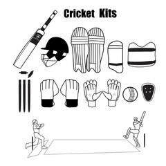 A set of cricket kits or elements icons or sports icon