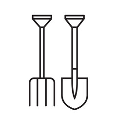 Shovel and pitchfork, simple gardening icon in trendy line style isolated on white background for web apps and mobile concept. Illustration