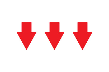 Three red arrow down. Fall icon, loss, bankruptcy. Reduction of shares on the stock exchange, depreciation, drop of securities. Process of financial collapse. The concept of bankruptcy. Vector