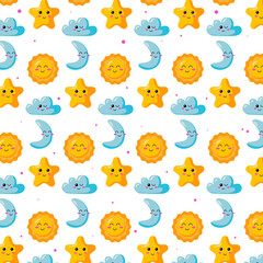 Cute seamless pattern sun, star, cloud and moon design background