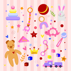 children's illustration of toys for girls, teddy bear, bunny, pyramid, ball and much more
