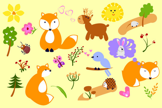 children's illustration of animals, fox, hare, bird, flowers, mouse, hedgehog, butterfly, sun, berries, mushrooms
