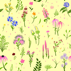 tropical pattern mix with flowers and plants in vector on yellow background