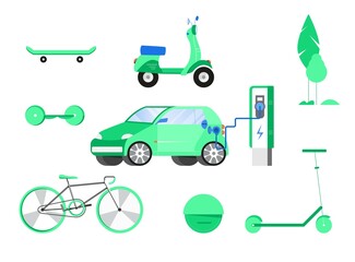Naklejka premium Set of transport using renewable electric energy. Electric car at charging station, scooter, hoverboard, hoverboard, bicycle, bike, one wheel, skateboard. Isolated vector illustration in flat style