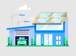 House using green renewable energy, solar panels for energy and electricity, garage with a car inside. Vector illustration in flat style