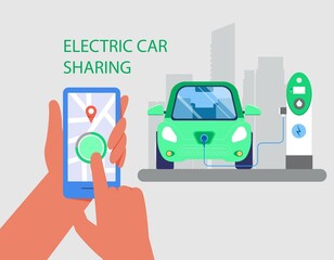 Car sharing and electro car charging concept. Hand holding mobile phone with app on city background. Vector illustration in flat style