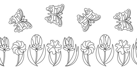 Seamless vector horizontal borders with flowers, leaves and . Coloring book for adults, design elements, Black and white hand-drawn illustration